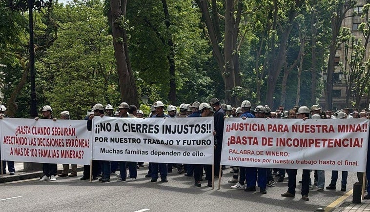 La cabeza de la protesta en Oviedo por el cese de la actividad minera.