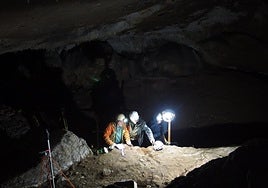 Trabajos en uno de los yacimientos y, en detalle, hueso de ballena tallado como lanza de caza.