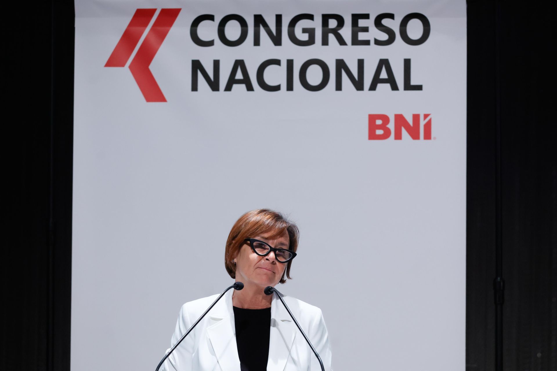 La alcaldesa de Gijón, Carmen Moriyón, durante su intervención en el Congreso Nacional de BNI España, celebrado en el Palacio de Congresos del Recinto Ferial.