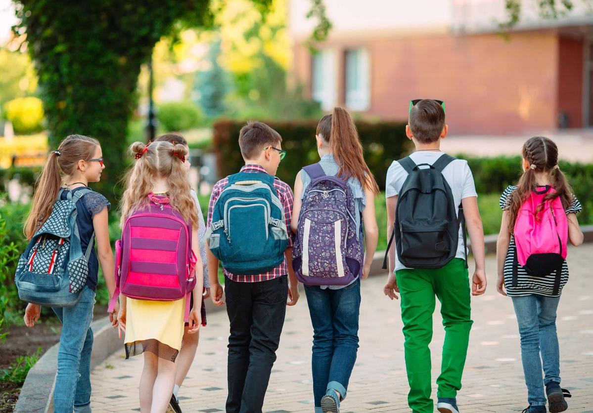 Un grupo de niños y niñas, de camino al colegio.