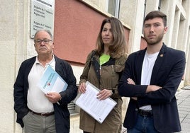 Los tres ediles de IU de Noreña, Javier Ardura, Liliana  Díaz y Matías Hevia, ante los juzgados de Pola de Siero, el pasado lunes, cuando presentaron la denuncia contra el alcalde de Bimenes.