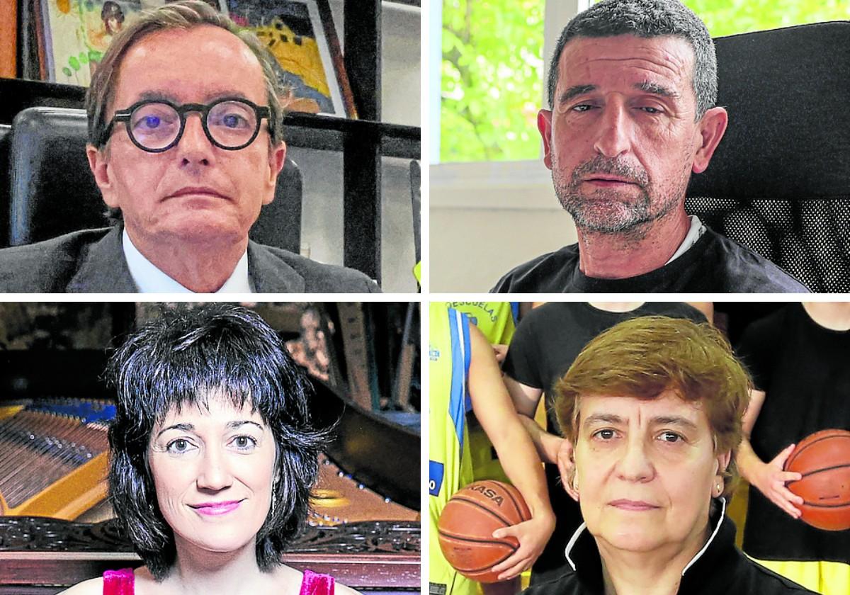 Alfredo Suárez, presidente de Asturmadi. Rubén Velasco, director del colegio de San Cristóbal. La intérprete Noelia Rodiles, ante su piano. La entrenadora de baloncesto Yolanda Mijares.