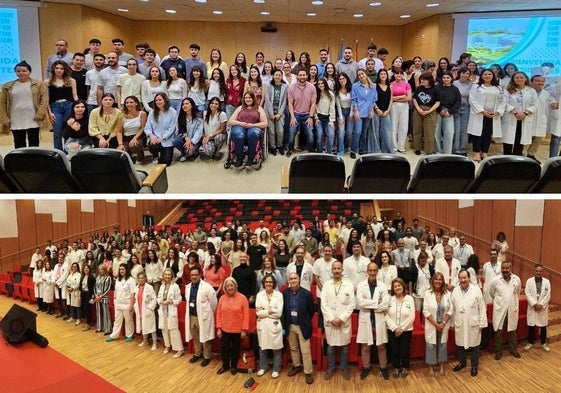 En la imagen superior, la recepción de los nuevos residentes en el Hospital de Cabueñes. Debajo, la recepción en el HUCA.