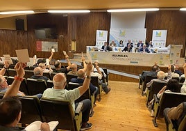 Una de las votaciones durante la asamblea del Montepío, celebrada este viernes en Oviedo.