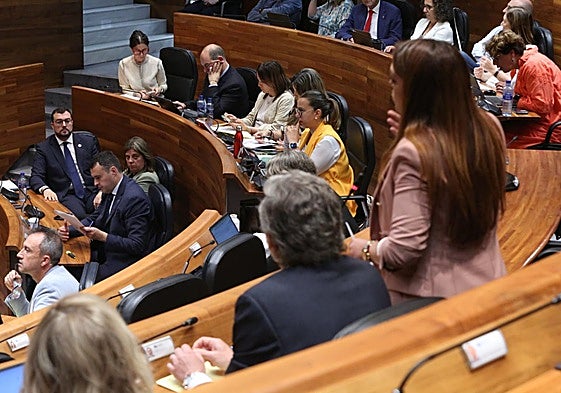 Adrián Barbón escucha a Carolina López, portavoz de Vox, en las preguntas al presidente.