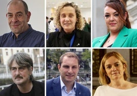 Arriba, de izquierda a derecha, Luis Ramón Huerga (PSOE), Beatriz Llaneza (PP), Carolina López (Vox). Abajo, en el mismo orden, Xabel Vegas (IU-Convocatoria por Asturias), Adrián Pumares (Foro) y Covadonga Tomé (Somos)
