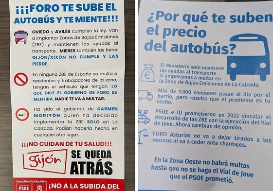 Los folletos de PSOE y Foro sobre la subida del precio del autobús en Gijón.