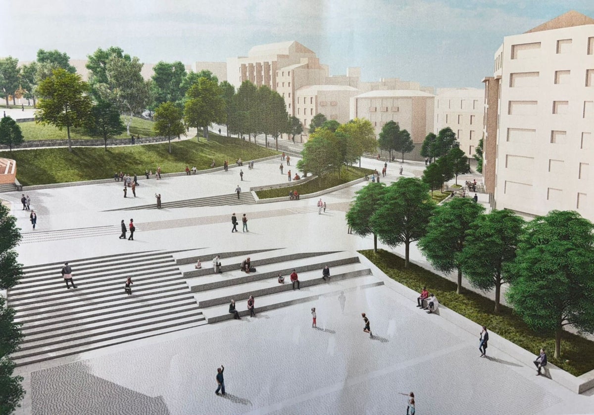 Una infografía muestra la futura reforma de la zona baja del parque del Campillín y Santo Domingo prevista junto a la construcción del aparcamiento subterráneo.