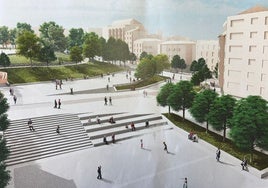 Una infografía muestra la futura reforma de la zona baja del parque del Campillín y Santo Domingo prevista junto a la construcción del aparcamiento subterráneo.