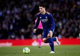 El delantero Luka Jovic, que en los próximos días deberá responder a la oferta del Real Oviedo, en un partido con el Real Madrid.