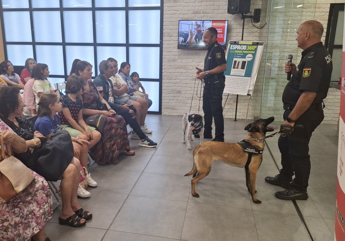 Los agentes de la Policía Nacional Ángel Santiago y Nacho Alonso explican al público el día a día de la Unidad de Guías Caninos de Asturias, acompañados de los perros 'Fito' y 'Vala'