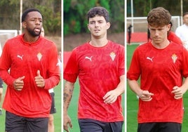 Yann Kembo, central; Dani Queipo, extremo; y Álex Oyón, mediapunta, jugadores que podrían salir del Sporting de Gijón.