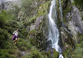 Una turista, en la senda junto al Tabayón de Mongayo, en el Parque Natural de Redes.