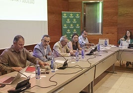 Carlos Paniceres, Carlos García, Eduardo Sánchez, María Calvo y José Luis Alperi en la mesa redonda de esta mañana en los cursos de La Granda.