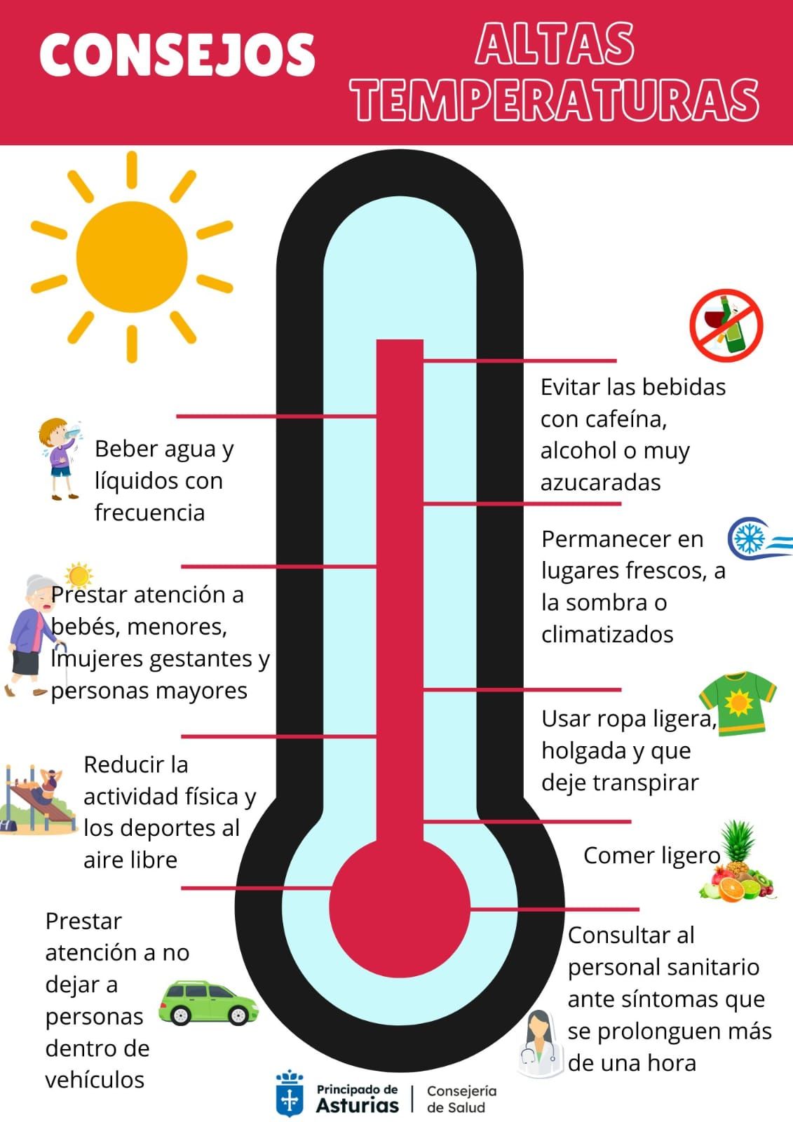 Recomendaciones frente a las altas temperaturas emitidas por la Consejería de Salud del Principado de Asturias.
