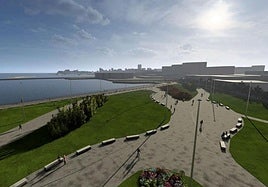 Recreación de los paseos y zonas verdes que ocuparán los terrenos de Naval Gijón hasta que se acometa la futura urbanización para la instalación de empresas de economía azul.