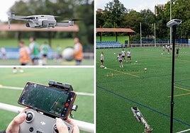 El dron, con su mando a distancia, y la cámara fija que preside los entrenamientos del Real Avilés desde la llegada de Dani Vidal y José Luis Deus al banquillo.