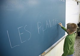 Un alumno escribe una frase en una clase de asturiano.