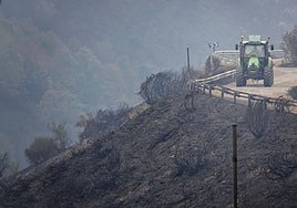 Un ganadero conduce su tractor por una de las zonas de los Picos de Europa arrasadas por el fuego.