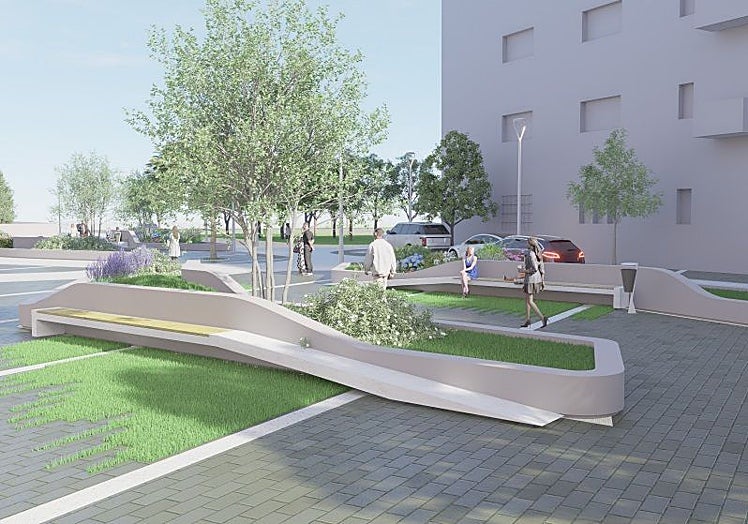 Detalle de una de las seis islas ajardinadas y con bancos que se instalarán en la nueva zona peatonal.