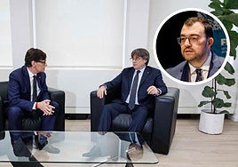Salvador Illa y Carles Puigdemont, durante la reunión que ambos mantuvieron en martes. En el círculo, el presidente asturiano, Adrián Barbón.