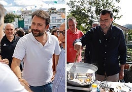 Álvaro Queipo, presidente del PP, en las fiestas de Puerto Vega, en Navia; y Adrián Barbón, presidente del Principado, removiendo arroz con leche en Cabranes.