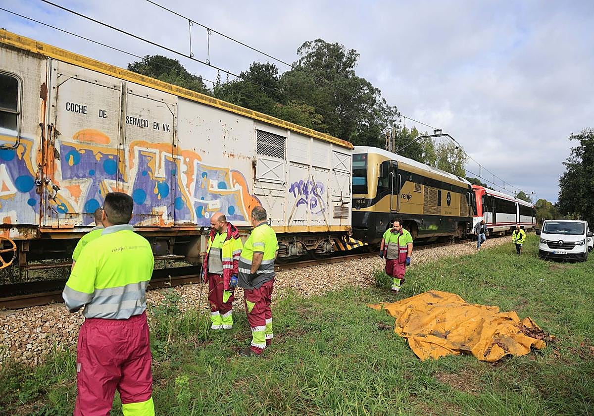 Personal de Renfe ante el tren descarrilado al arrollar a una vaca (tapada con una manta).