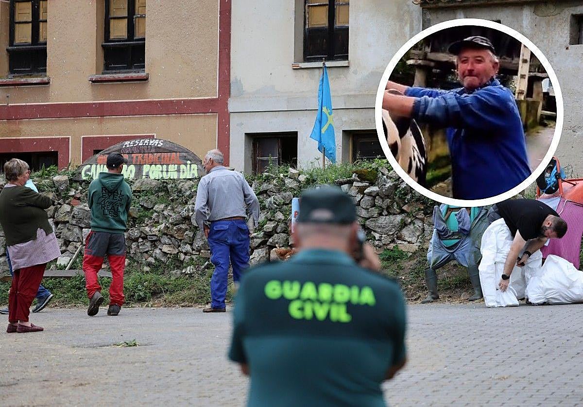 Guardia Civil y vecinos junto a la casa del ganadero fallecido tras recibir una paliza en Cuevas del Agua, en Ribadesella; arriba a la derecha, la víctima.