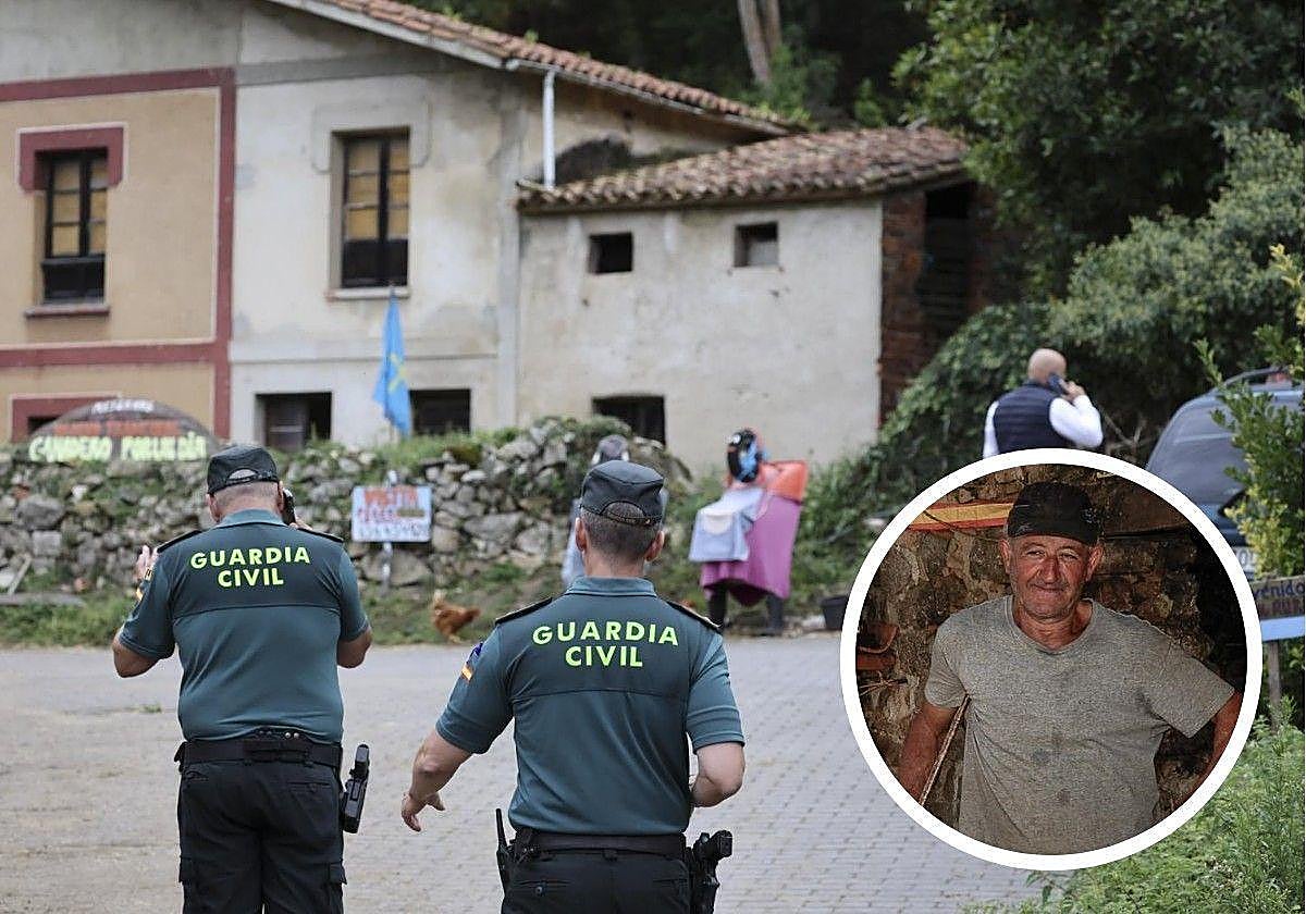 La Guardia Civil en la casa del ganadero asesinado en Cuevas del Agua, en Ribadesella; abajo a la derecha, la víctima.