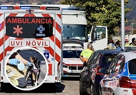 Despliegue de los servicios de emergencia en torno al camión, en Gijón.