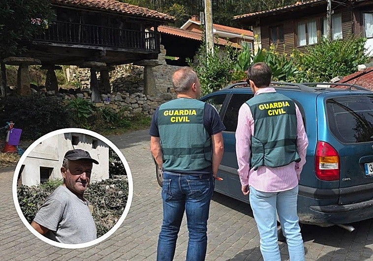 Agentes de la Guardia Civil frente a la casa del ganadero asesinado.