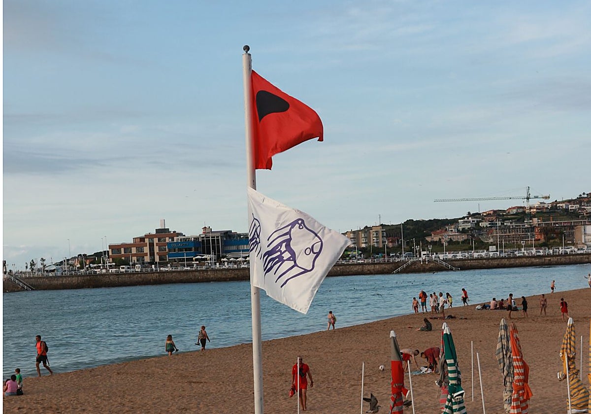 Bandera anunciado la presencia de medusas en la playa de San Lorenzo, en Gijón.