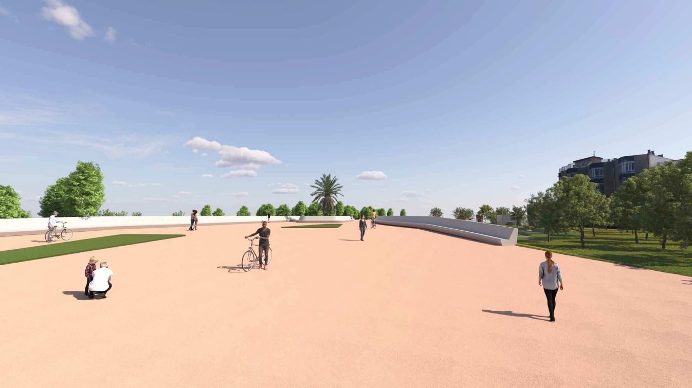 Gran plano curvo, con un nivel inferior semienterrado para usos funcionales, cine al aire libre, pistas de voley-playa, pista de tenis y graderíos naturales.(1.500.400 euros)