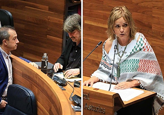 El consejero Ovidio Zapico y el diputado Xabel Vegas, a la izquierda; a la derecha, la líder de Somos Asturies, Covadonga Tomé, con kufiya.