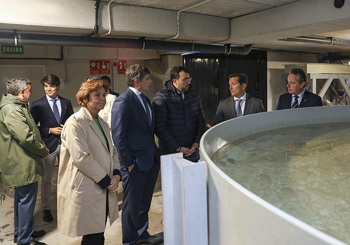 Carmen Moriyón, Roberto Centeno, Adrián Barbón, Jaime León y Marcelino Marcos, este jueves, en la planta de Sea Eight en La Figar (El Musel).