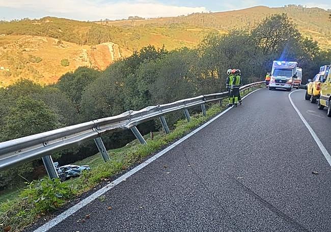 Bomberos y ambulancia en la carretera desde la que se precipitó el coche con sus cuatro ocupantes.