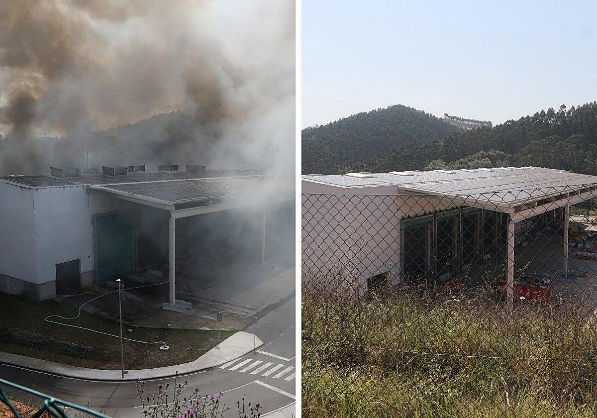 'Plantona' de Cogersa cuando sufrió el incendio en abril de 2024 y hace unas semanas, a punto de ser reconstruida.