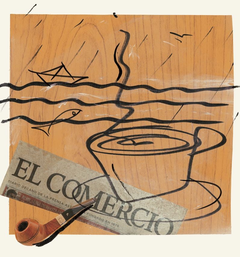 'Matinal', una alegoría del «milagro cotidiano que supone el periódico», es el título del collage que Pelayo Ortega creó para los Premios EL COMERCIO y del que cada año se entrega una reproducción rubricada por el artista.