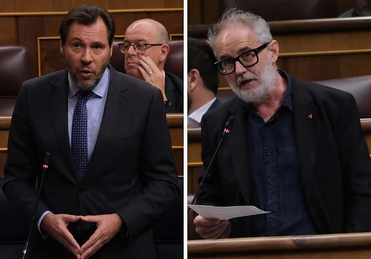 El ministro de Transportes, Óscar Puente, respondiendo hoy al diputado asturiano de Sumar, Rafael Cofiño.