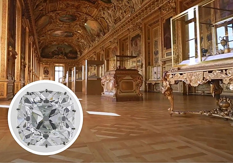La sala Apolo del museo Louvre de París, donde se ha perpetrado el robo. En el círculo, 'El Regente', uno de los diamantes más valiosos del mundo.