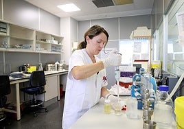 Una de las profesionales que trabaja en el Laboratorio de Salud Pública del Principado, analizando el estado del agua de las playas asturianas.
