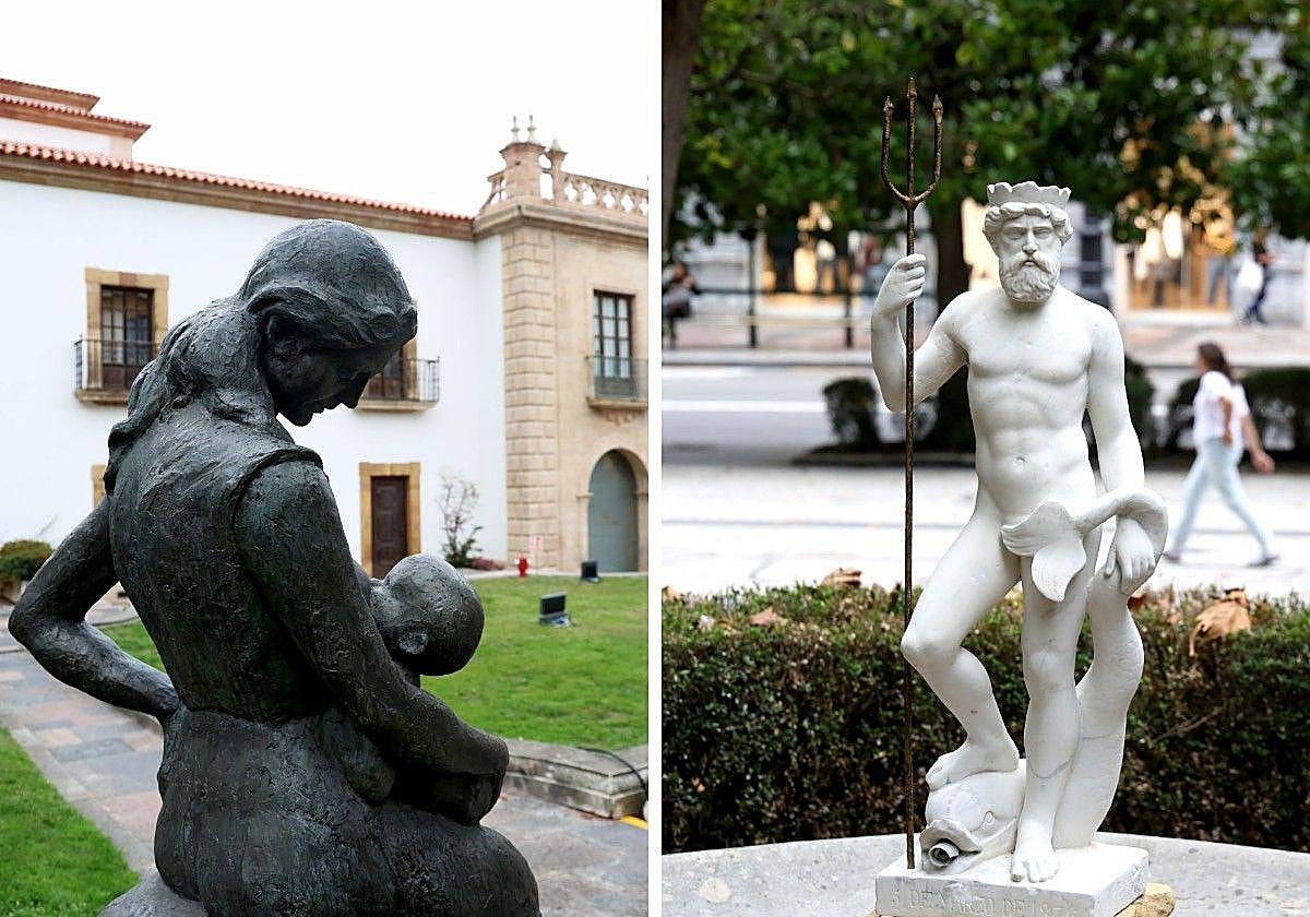 Las 'renovadas' estatuas de Maternidad y Neptuno de Oviedo.