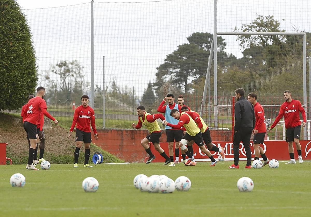 Trabajo.Los jugadores rojiblancos realizan un ejercicio durante la sesión matinal de este sábado.