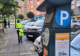 Una trabajadora de la ORA revisa varios vehículos junto a un parquímetro en Avilés.