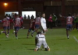 Los jugadores del Real Ávila celebran el gol de la victoria, con Eze arrodillado sobre el terreno de juego y Raúl Rubio mirando hacia atrás.