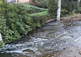 Las aguas del Nalón, con una inusual espuma blanca, a la altura de El Entrego.