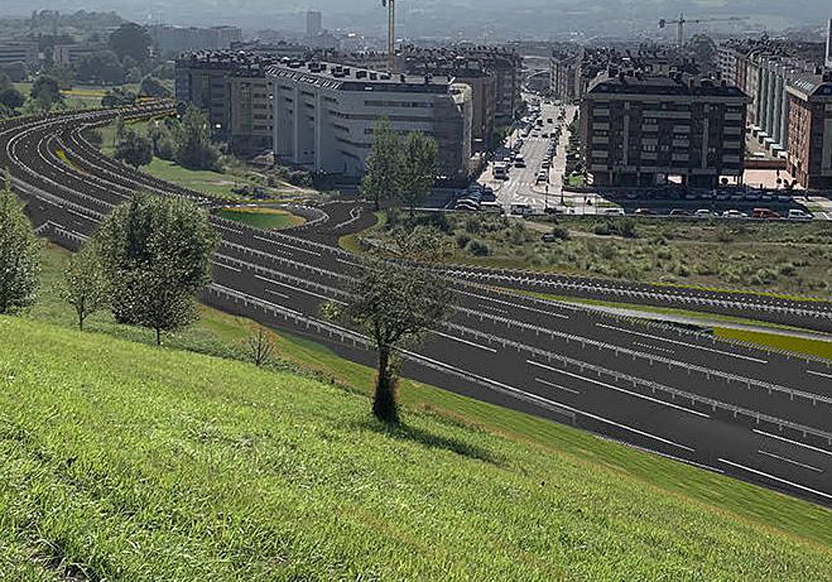 Reproducción infográfica de la falda del Naranco atravesada por la Ronda Norte.