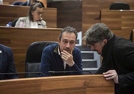 Ovidio Zapico, en su escaño, conversa con el portavoz de IU-Convocatoria por Asturies, Xabel Vegas.