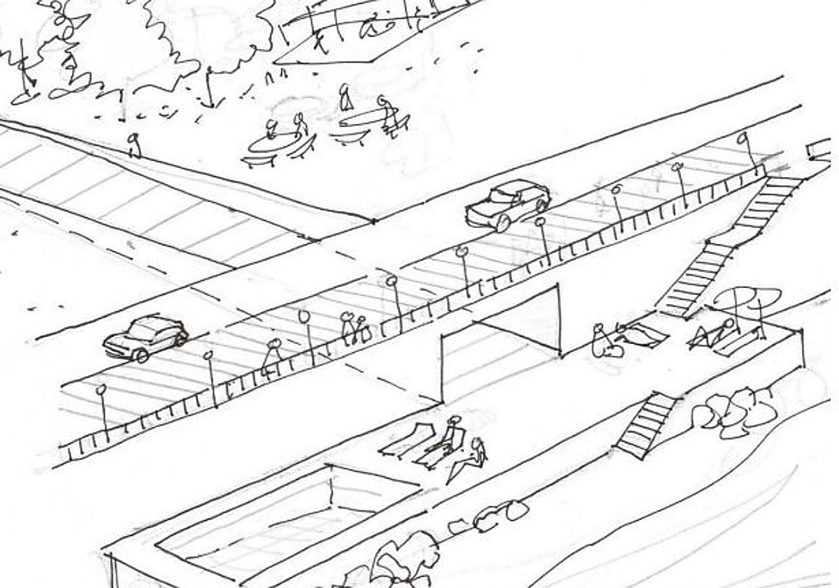 Imagen principal - Diego Cabezudo, durante la exposición en Somió. Arriba, esbozo a vuelapluma de un acceso directo a la playa con rampas escalonadas a modo de solárium y diseño de Tapia de Casiego mencionado como posible modelo a seguir. 