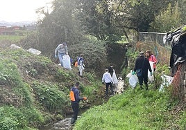 Durante toda la mañana más de una decena de personas se afanaron en limpiar las márgenes y el cauce del río en Posada de Llanera